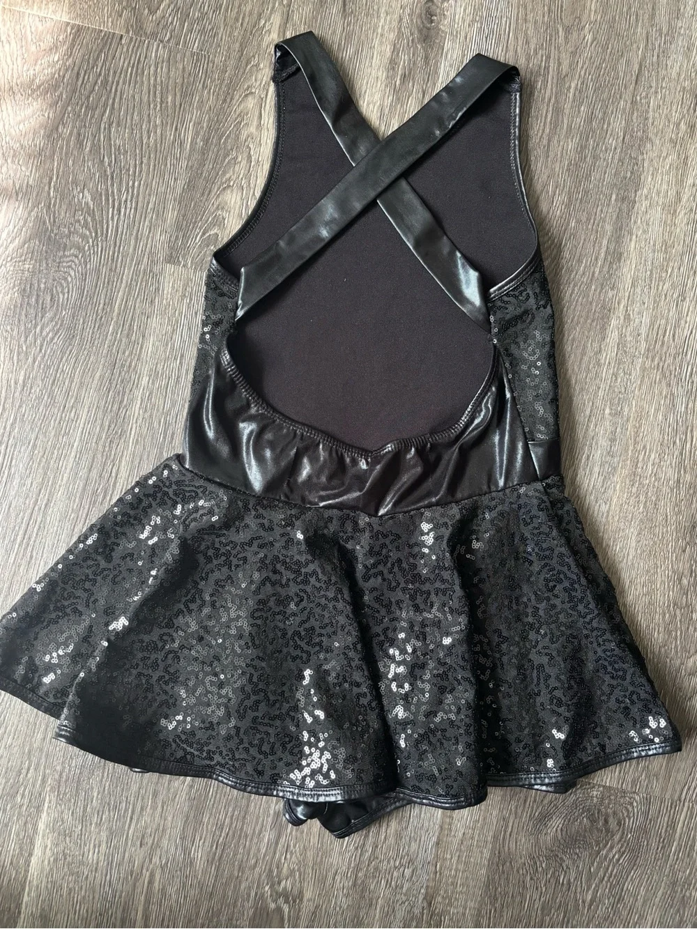 Girls Black Sequin Dance Skater Costume with Satin Waist